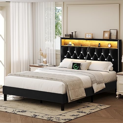 Miniatura 8 de HOMBCK Full Size Bed Frame with LED Lights, Velvet Upholstered Bed Frame Full with Charging Station and Storage Headboard, Modern Diamond and Rivet