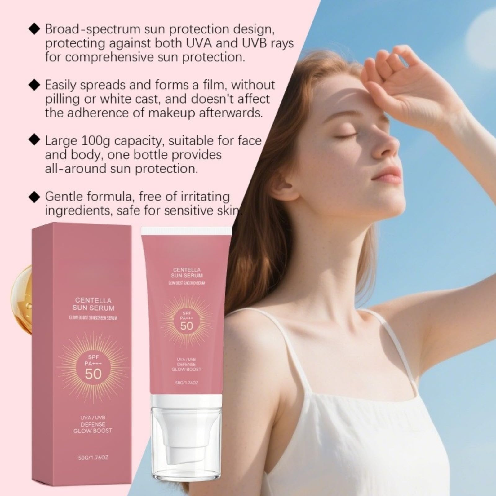 Crema solare per viso, idratante per il viso, senza olio, la consistenza è leggera, impermeabile, penetra rapidamente e non ostruisce i pori, protegge la pelle e illumina la tinta fresca e cremosa