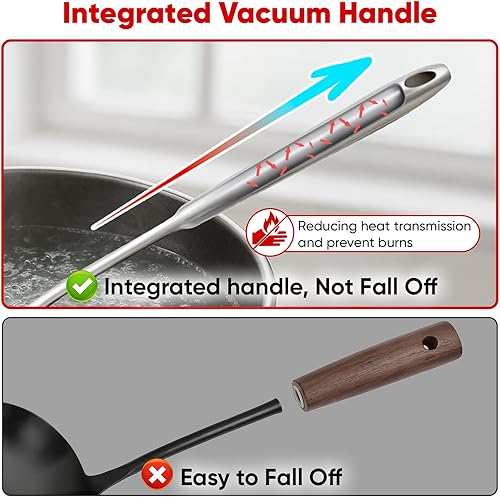 Miniatura 6 de Newness - Cuchara ranurada de acero inoxidable 304 con mango ergonómico al vacío, diseño de agarre cómodo para cocina, color negro