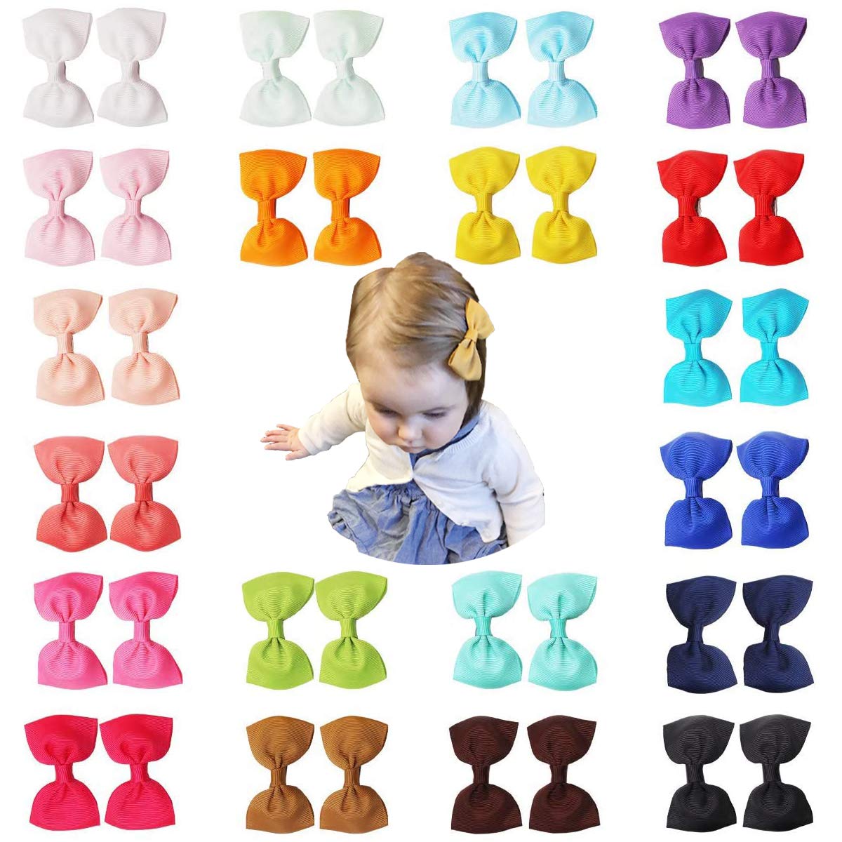 JOYOYO 40 Pcs Toddler Girls Hair Bow Clips Ribbon Bows Craft Bows 2.5 Inch, Baby Girl Hair Bows Baby Hair Clips Mini Hair Bows for Toddlers