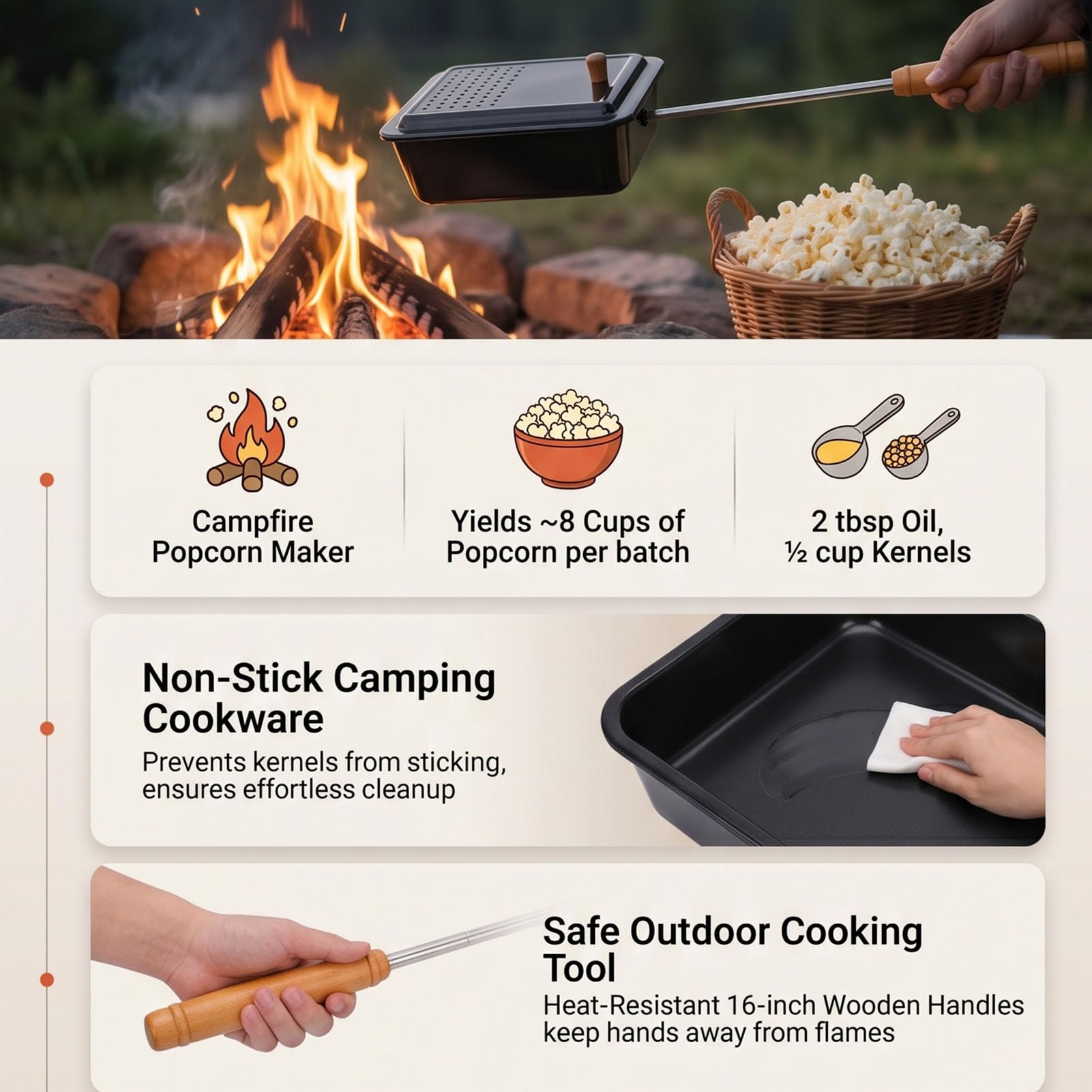 Camping Popcorn Popper Antiadhésif Manche en Bois Foyer Batterie de