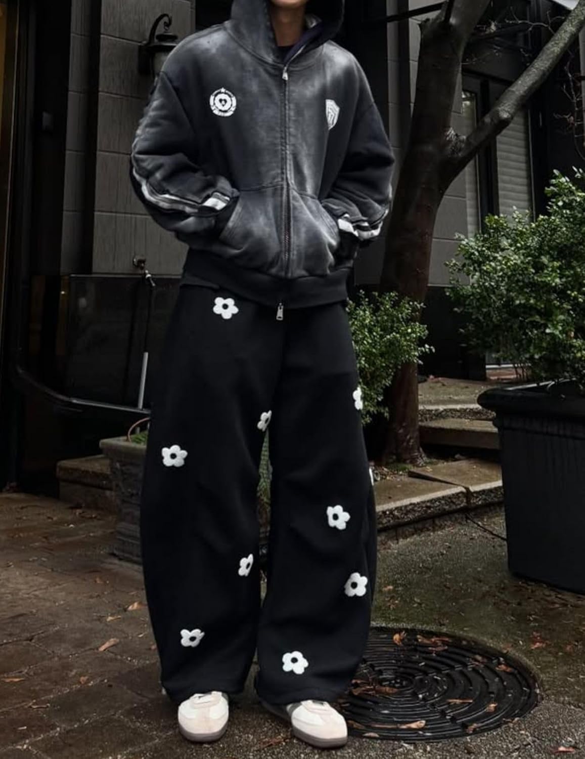 Aelfric Eden Baggy Wide Leg Sweatpants Flower Embroidery Casual Y2K Elastic Drawstring Lantern Barrel Lounge Trouser Pants - Image 3