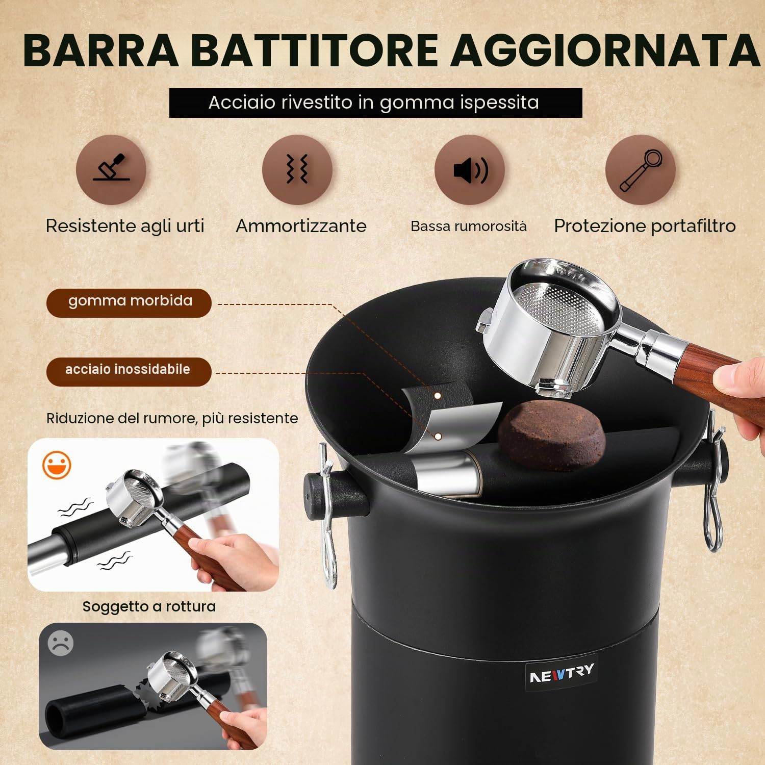 NEWTRY Secchiello fondi Caffe Commerciale, Knock Box per Espresso, 19LGrande Capacità Dacontenitore per Fondo Caffe per Barista Caffetteria Bar con 30 sacchetti, asciugamani e spazzole per la pulizia