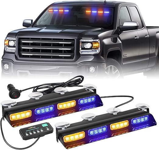XRIDONSEN Amber Blue Emergency Dash Strobe Lights Safety Flashing Warning Hazard Interior Front/Rear Windshield Deck Split Light Bar w/Digital Display Controller for Construction Vehicles Trucks