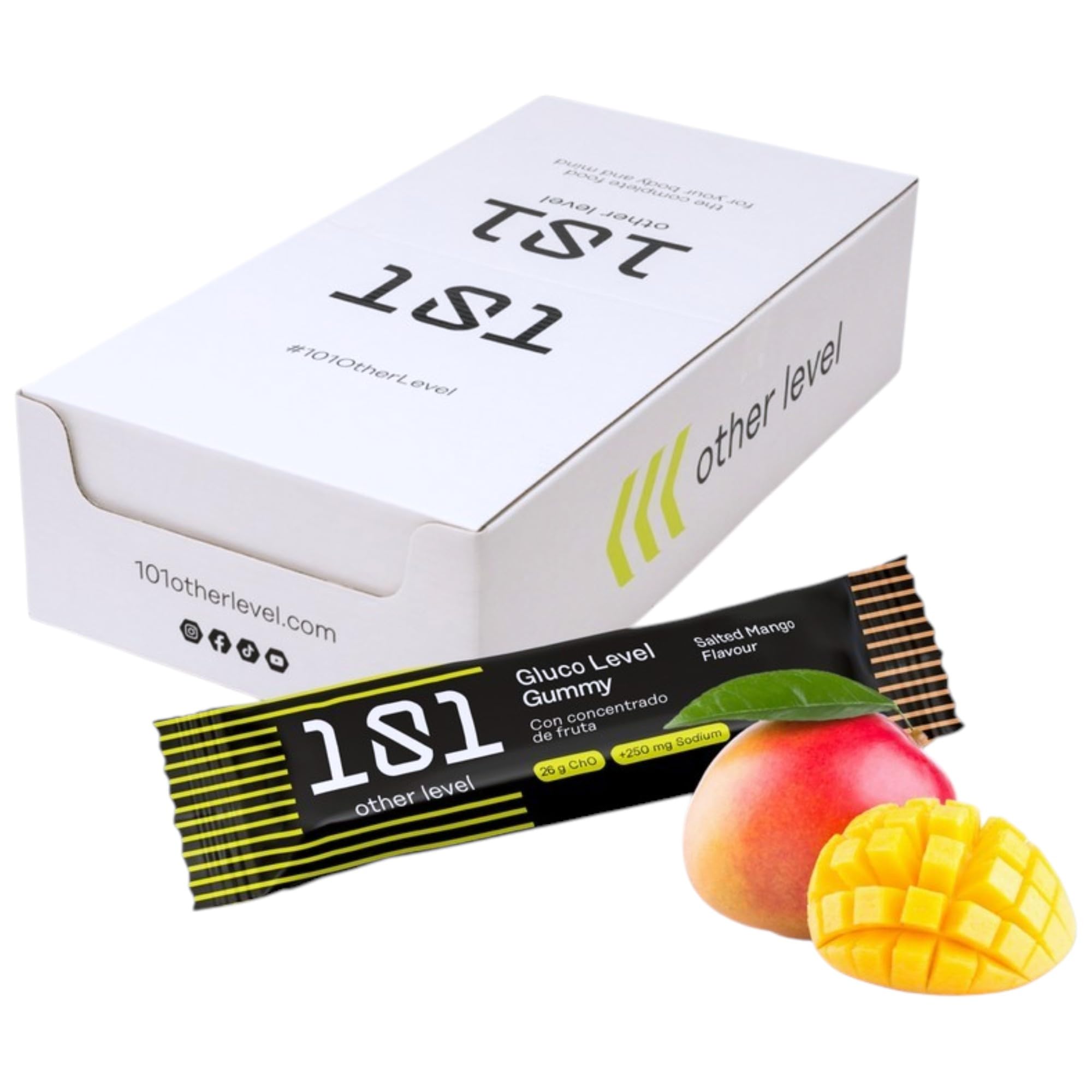 101 Other Level Barritas Energéticas Gummy Pack 30 Barritas de 40 gr - Sabor Mango - Gominolas Deportivas de Carbohidratos para Ciclismo, Running y Trail - Energía Rápida y Fácil Digestión