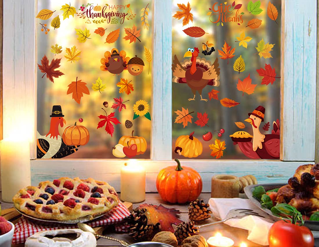 Fall Pumpkin Window Clings | Thanksgiving Maple Leaf Decals | Removable & Reusable Autumn Decor For Glass