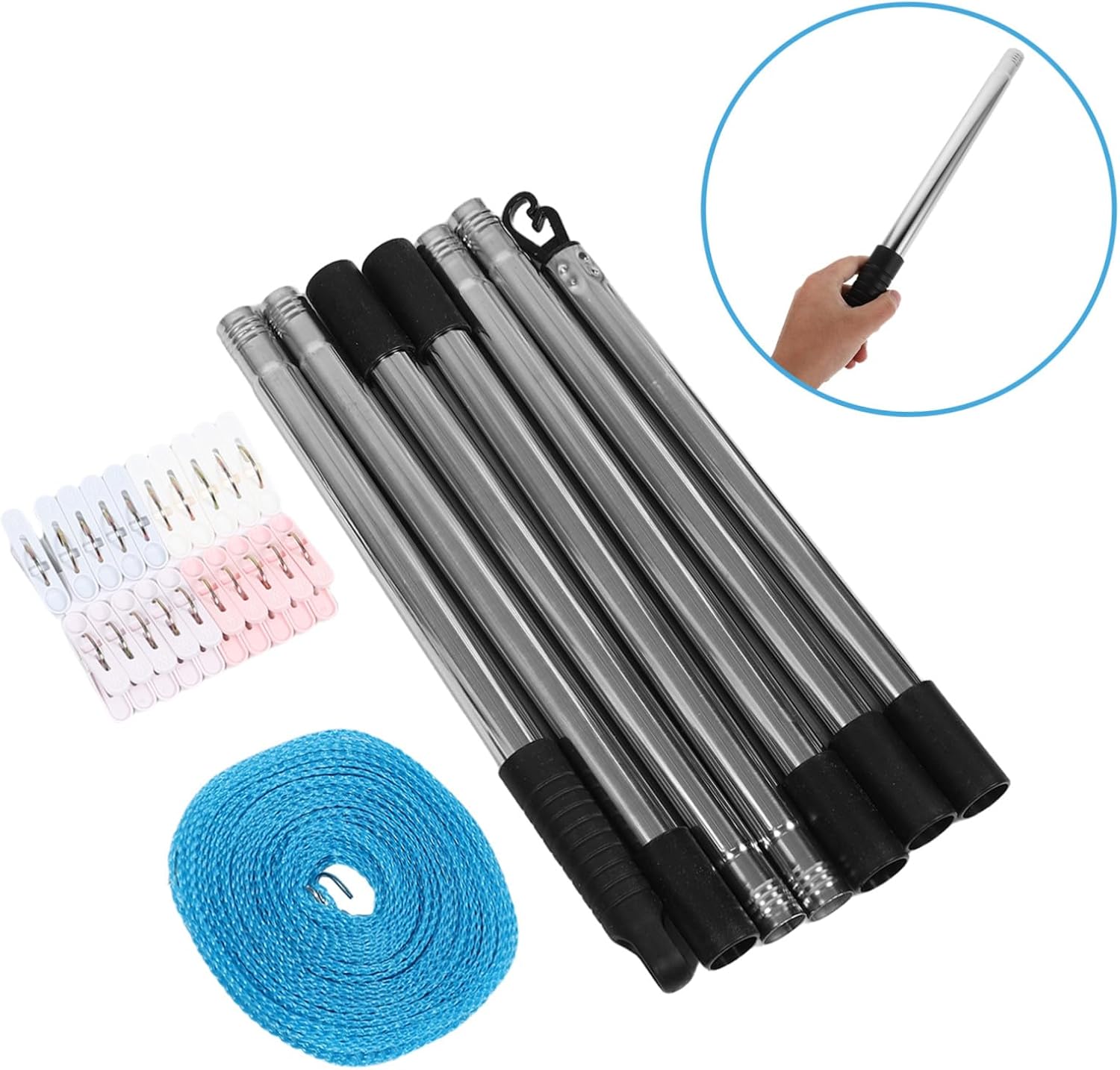 Outdoor Clothesline Kit with 2.5m Nylon Rope, Telescopic Clothesline Support Pole, Heavy Duty Clothes Pins for Camping, Garden, Balcony, and Travel Laundry Drying