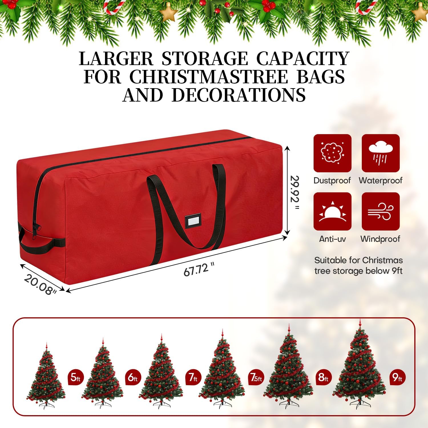 Christmas Tree Storage Bag - Fits Up to 9 Ft Large Artificial Christmas Tree, Heavy Duty 600D Oxford Cloth Xmas Tree Container with Handles & Zipper - Red