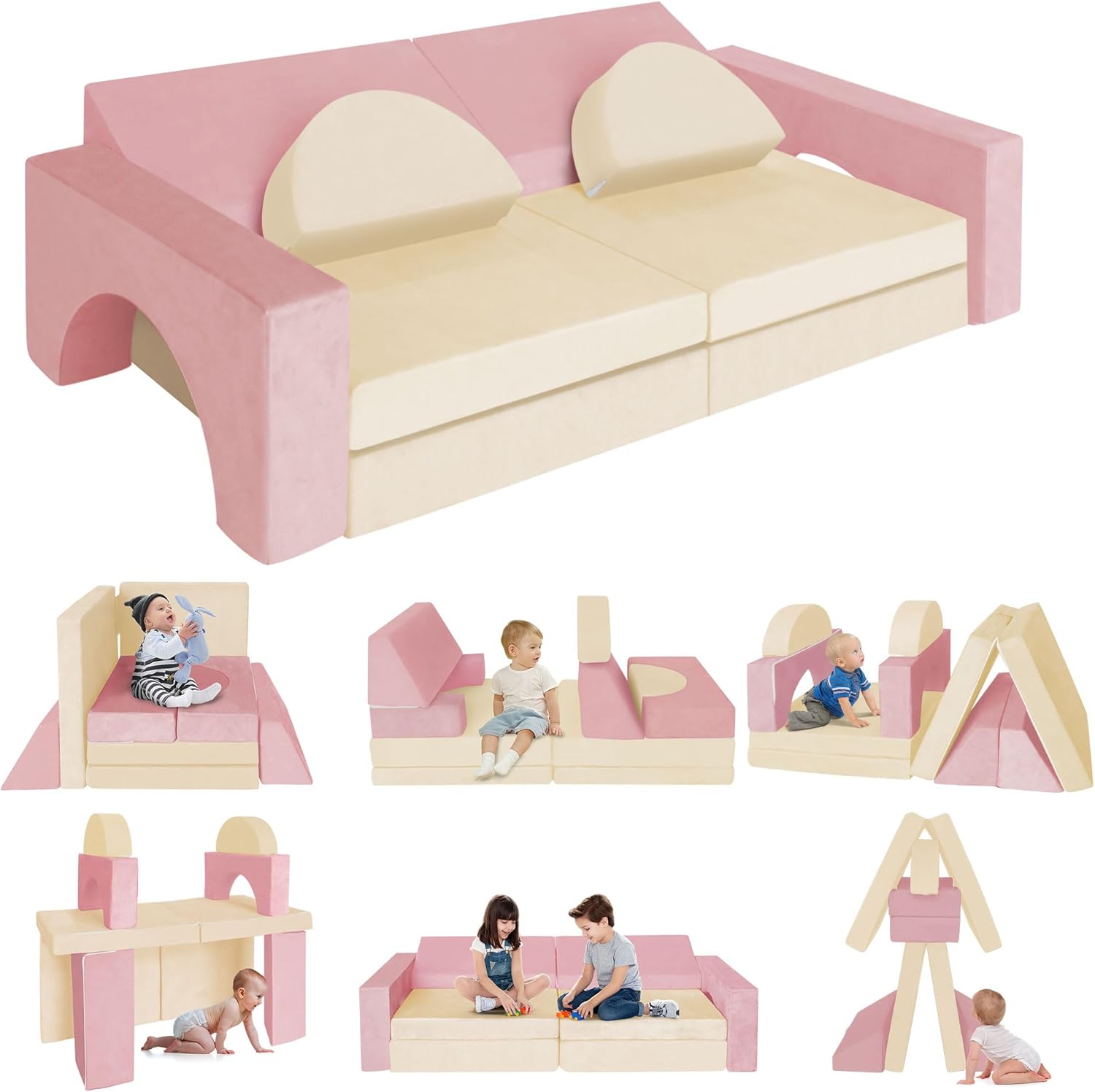 RELIANCER 8PCS Modular Kids Play Couch,Kid's Foam Couches for Playroom,Toddler to Teen Sectional Sofa Play Set,Childrens Nugget Couch,Playhouse Foam Block Playset,Fort Couch,Baby Climbing Couch Set Pink & Beige