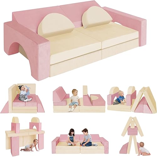 RELIANCER 8PCS Modular Kids Play Couch,Kid's Foam Couches for Playroom,Toddler to Teen Sectional Sofa Play Set,Childrens Nugget Couch,Playhouse Foam Block Playset,Fort Couch,Baby Climbing Couch Set