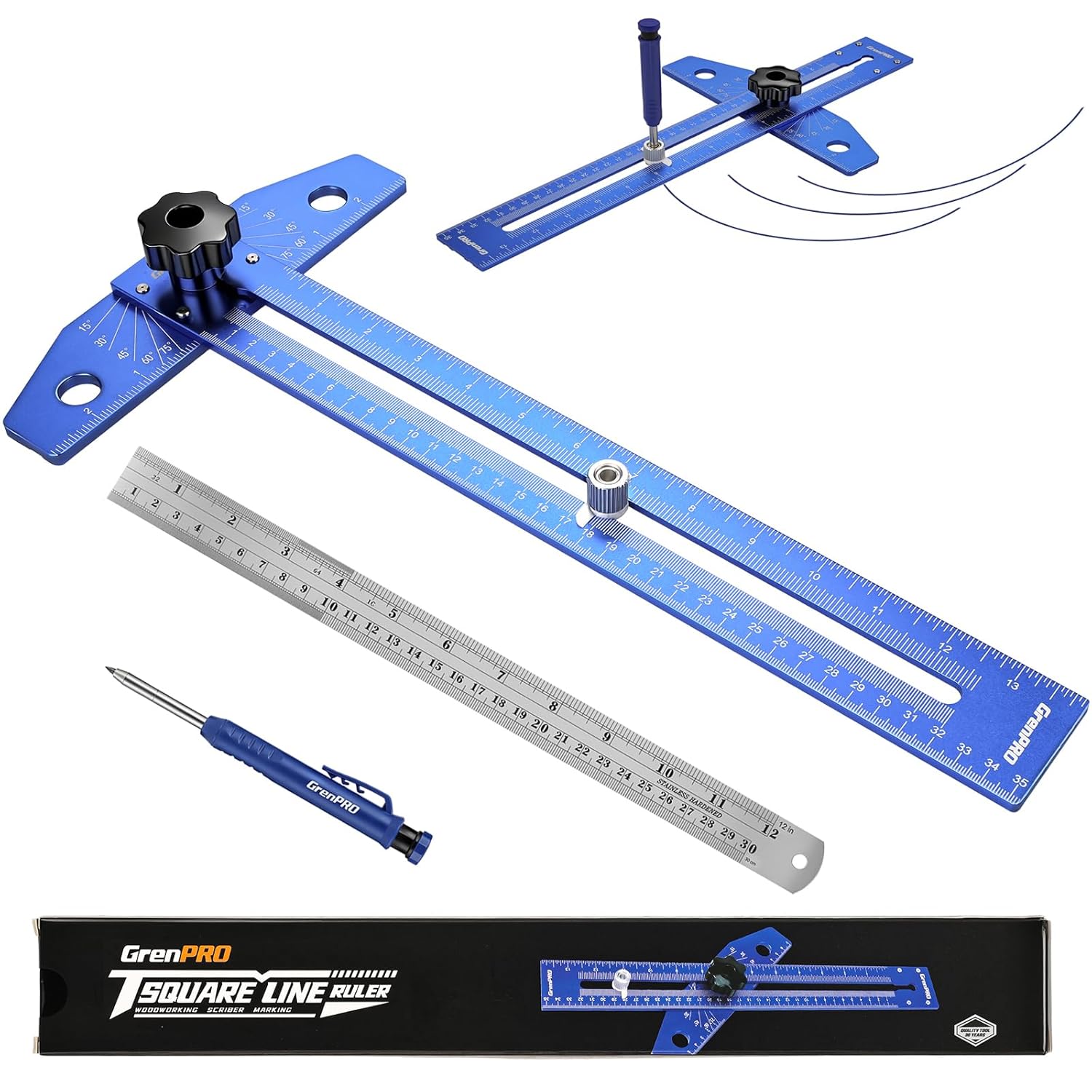 Woodworking Scriber Marking Line Ruler with Carpenter Pencil & Metal Ruler, Adjustable Aluminum Alloy Sliding T-Square Ruler, Measuring Angle Finder with Adjustment Scale,Drawing Aid Rule tool Woodworking Scriber Marking Line Ruler with Carpenter Pencil & Metal Ruler, Adjustable Aluminum Alloy Sliding T-Square Ruler, Measuring Angle Finder with Adjustment Scale,Drawing Aid Rule tool