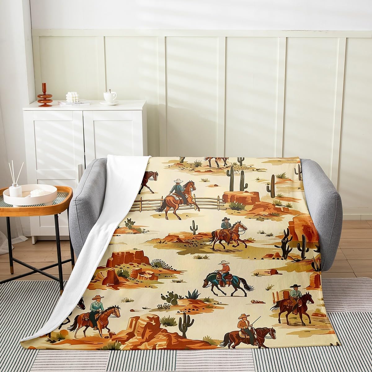 Erosebridal Western Throw Blanket Queen 90x90,Southwest Cowboy Blanket,American Wild West Desert Cactus Fleece Blanket,Rustic Farmhouse Fuzzy Blanket Country Farm Bed Blanket