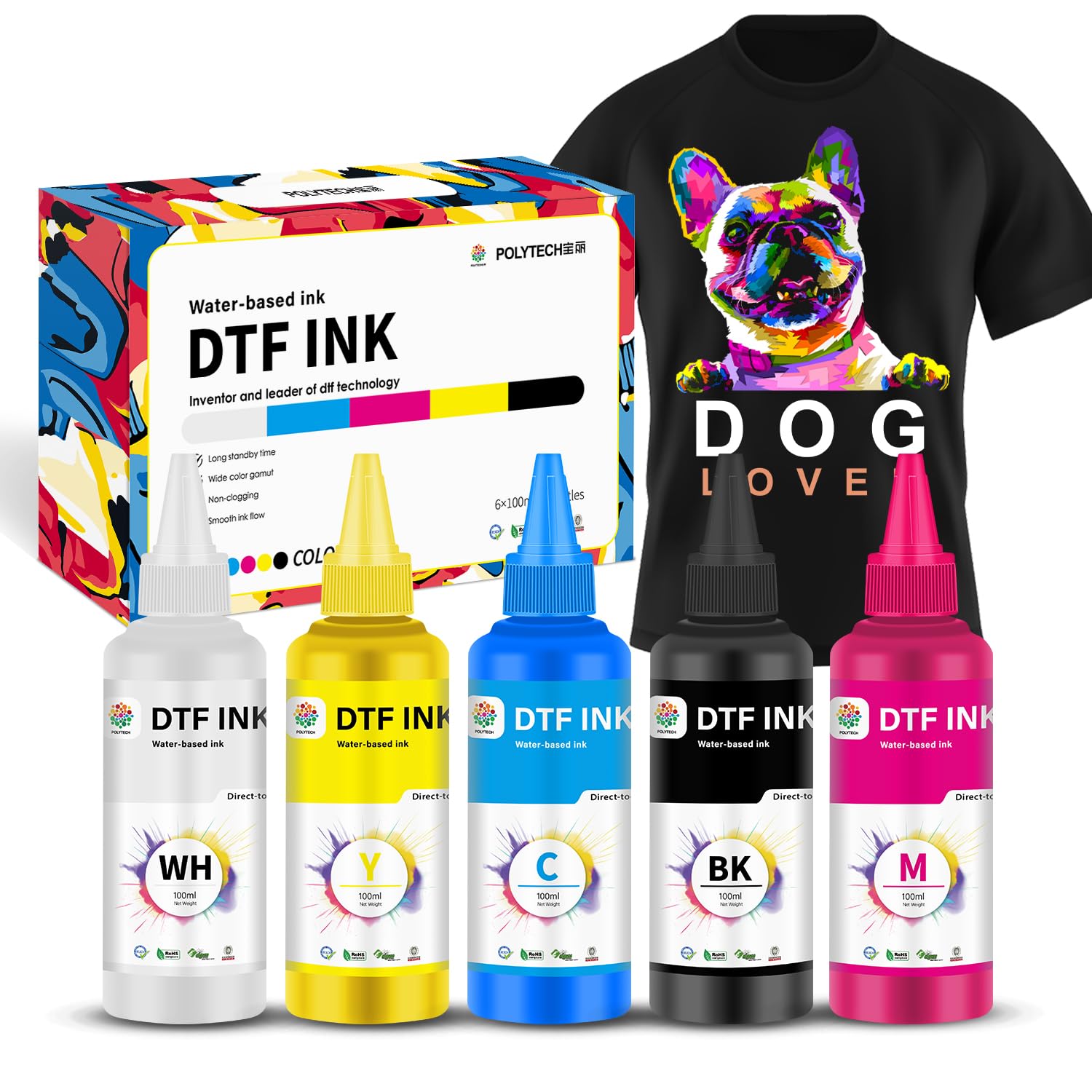 Polytech DTF Ink 6x100ML, Heat Transfer Printing Direct to Film, DTF Transfer Ink for PET Film, High Opacity Refill DTF Ink for Epson Printers ET-8550