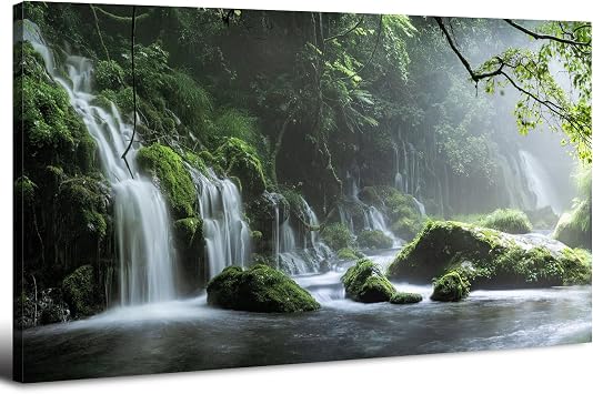 Waterfall Wall Art Nature Forest Lake Picture Wall Decor for Living Room Foggy Mountain Landscape Painting Prints Bedroom Green Moss Scenery Poster Stream Artwork Bathroom Home Decoration 20x40"