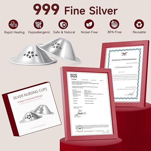 Miniatura 2 de Copas de lactancia plateadas 999, diseño original perforado transpirable, cubiertas plateadas para pezones para lactancia materna, protectores de