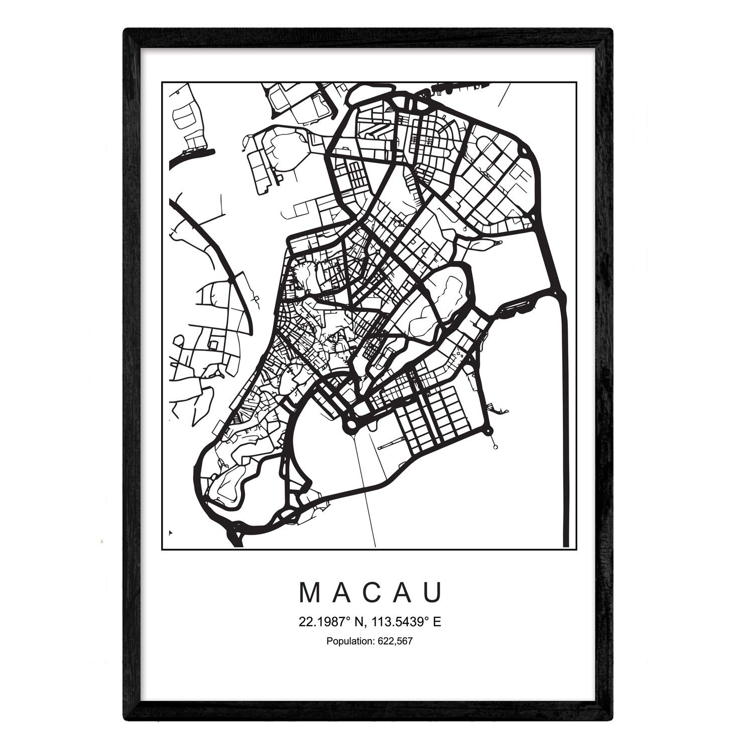 Nacnic Map of the city Macau Nordic style in black and white. Poster A3 Size Framed with Black Frame Printed Paper 250 gr. Pictures, sheets and posters for Salon and Bedroom