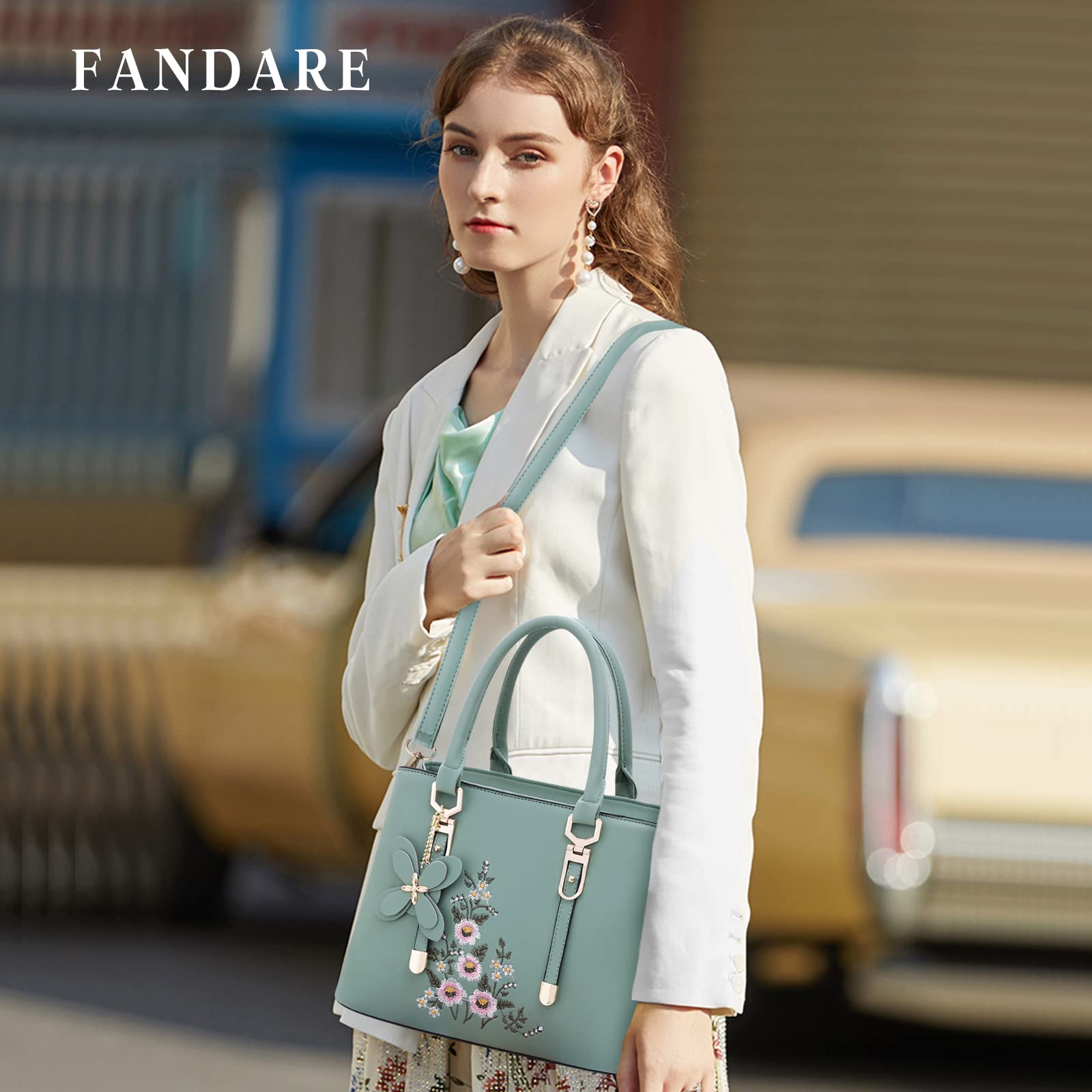 FANDARE Borse a Mano Ricamata Borse a Spalla da donna Impermeabile Borse a Tracolla PU Pelle Borse Tote Borse Messenger per Shopping Viaggio Lavoro Incontri Verde