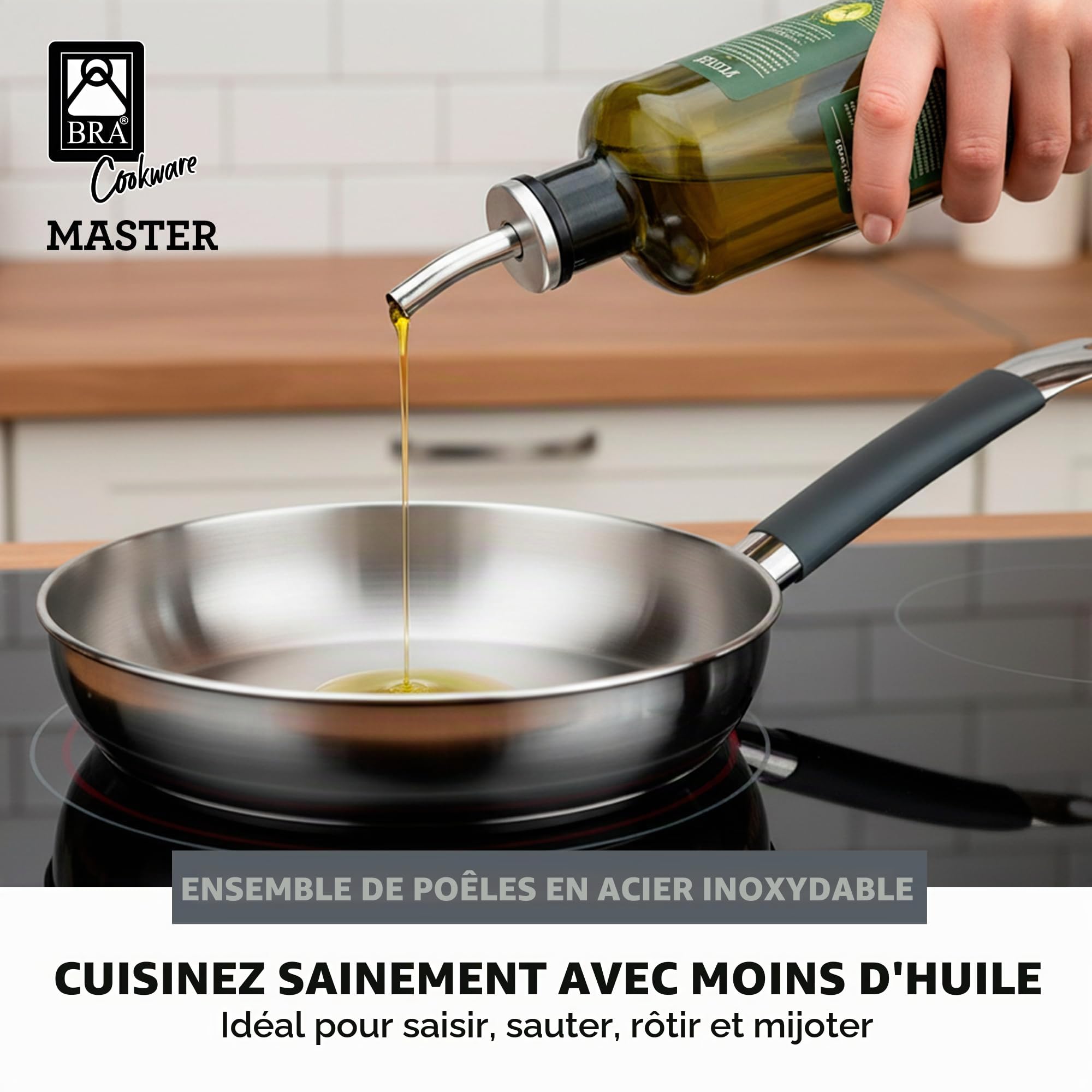 BRA Master Lot De Poêles 20-24-28 Cm, Acier Inoxydable, Sans Revêtement Antiadhésif, Sans Pfoa, Full Induction, Compatible Tous Feux, Manche En Acier Inoxydable Recouvert De Silicone