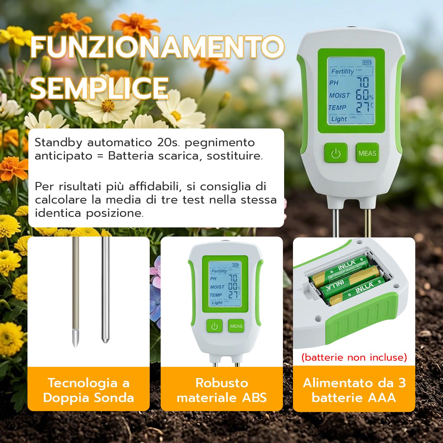 Misuratore di umidità del Terreno 5 in 1 - Tester Digitale per PH, Fertilità, Temperatura e Luce - Display LCD Retroilluminato per Piante, Giardino e Fattoria