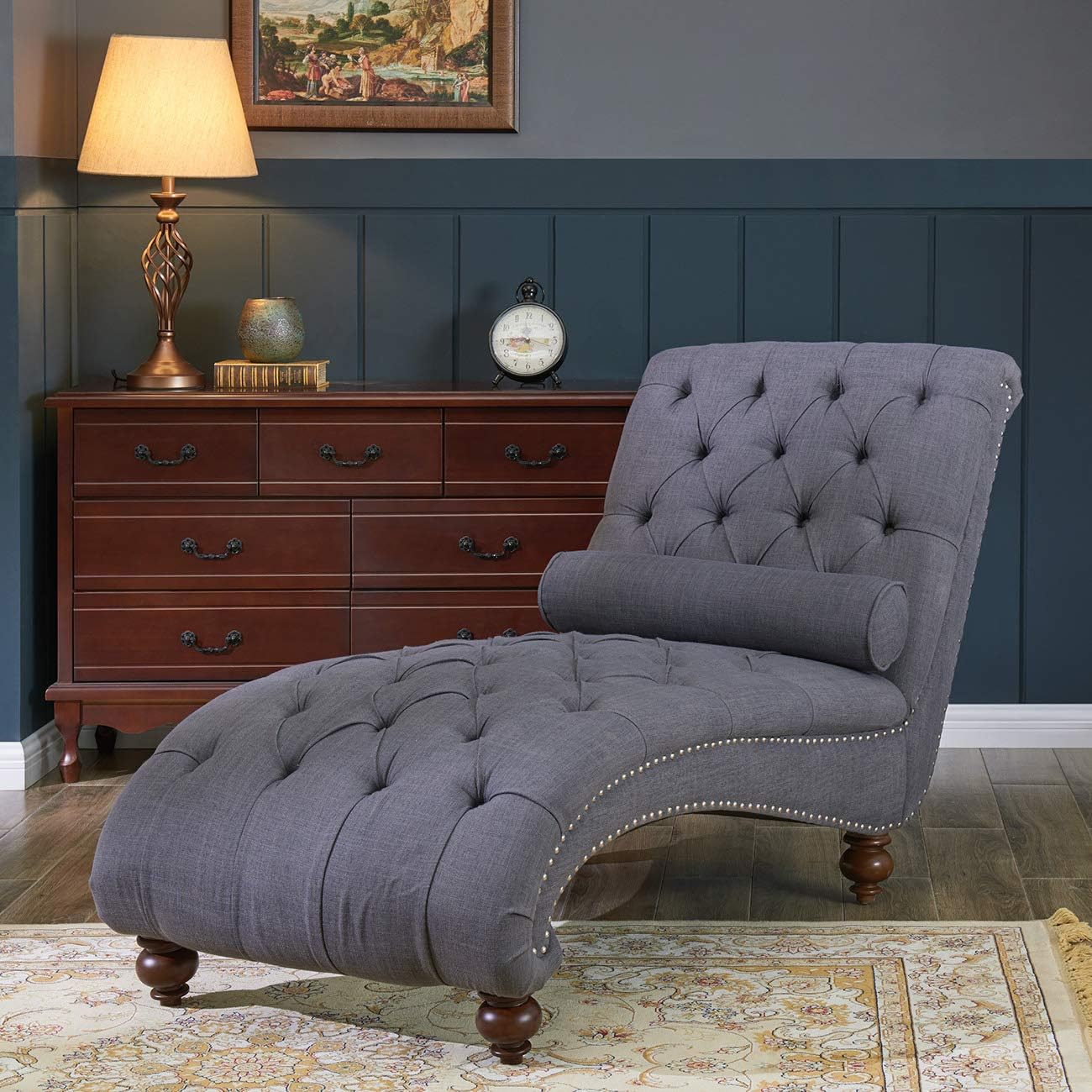 BELLEZE Teofila Tufted Chaise Lounge Chair Leisure Sofa Couch with Bolster Pillow Nailhead Trim and Turned Legs, Gray : Home & Kitchen