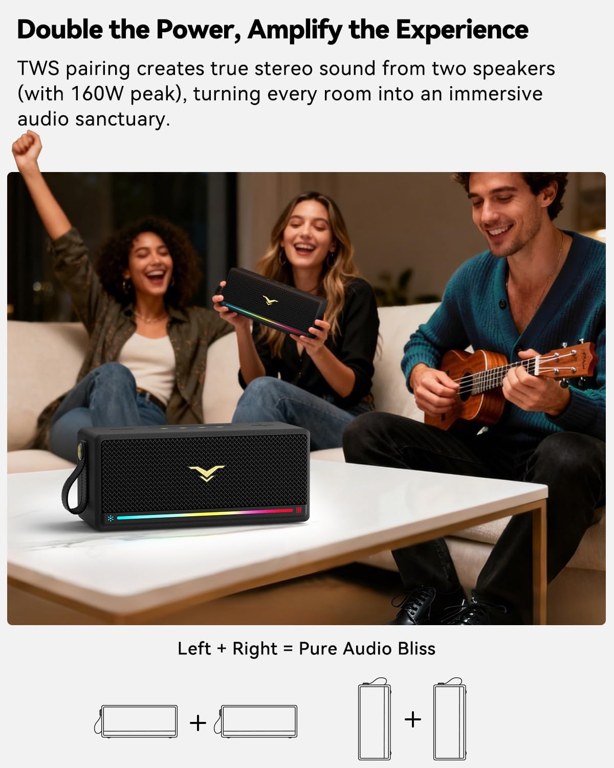 Bluetooth Speaker, StageSound Retro Speaker Wireless, Portable Loud Speaker with Bass Boost, 80W, IP67 Waterproof, LED Lights, TWS Pairing, 12H Playtime, TF/AUX/USB Play for Party, Home, Outdoor, Gift - Image 5