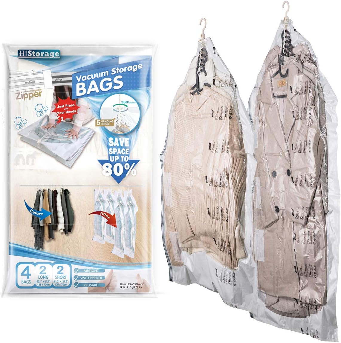 Hi Storage 4 Pack Hanging Vacuum Storage Space Saver Bags with Exhaust Passage, No Pumps Needed (2 Jumbo 135 x 70 cm & 2 Large 105 x 70 cm) Ideal for Clothes, Suits, Dresses, Jackets