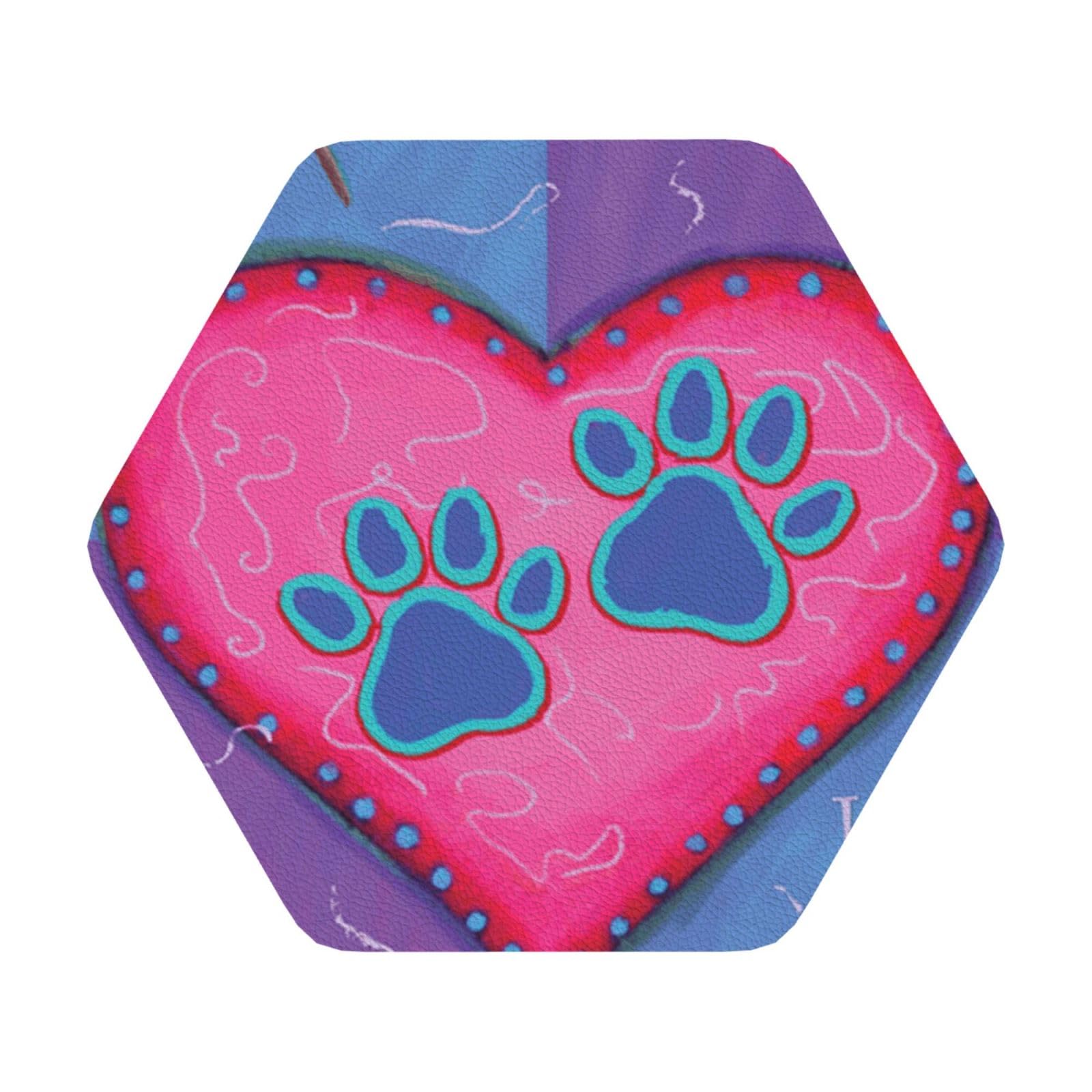 Dog Animal Pet Paw PU Leather Coasters Set of 6 Hexagon Drink Coasters