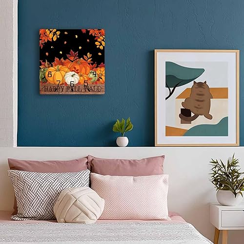 Miniatura 3 de Debedcor Pumpkin Thanksgiving Wooden Wall Clock Silent Non Ticking, Black Autumn Leaf Happy Fall Y'all Square Wall Clock Battery Operated, Decor