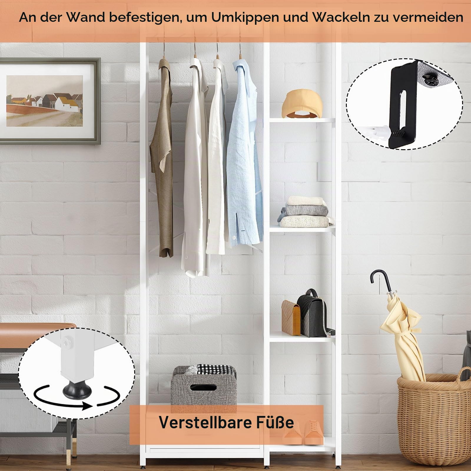 sogesfurniture Kleiderständer mit Kleiderstange, Freistehender Garderobenständer mit 4 Ablage und 1 Schublade zur Kleideraufbewahrung, aus Holz und Metal, 80 * 34 * 180cm, Weiß