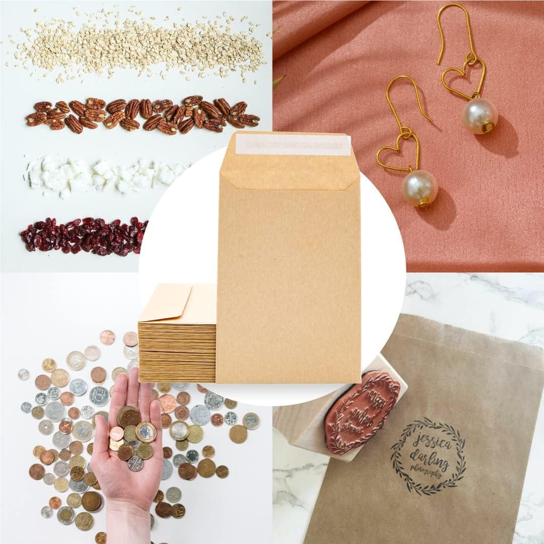 Kraft Paper Envelopes, Small Silicone Strip Envelopes for Invitations or Wedding Guest Gift Bags, 100 x 145 mm, Envelopes for Jewellery or Seeds · M-Office (50 pcs)