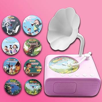 Kids Music Record Player with Speakers - 96 Recorded & 8 DIY Discs, Bluetooth Song Story Machine, Portable Retro Phonograph for Toddlers in School Gifts for Boys Girls Ages 3-12 Pink