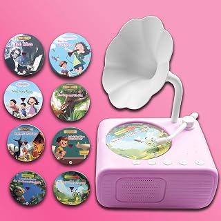 Kids Music Record Player with Speakers - 96 Recorded & 8 DIY Discs, Bluetooth Song Story Machine, Portable Retro Phonograph Toy for Toddlers, Gifts for Boys Girls Ages 3-12 (Pink)