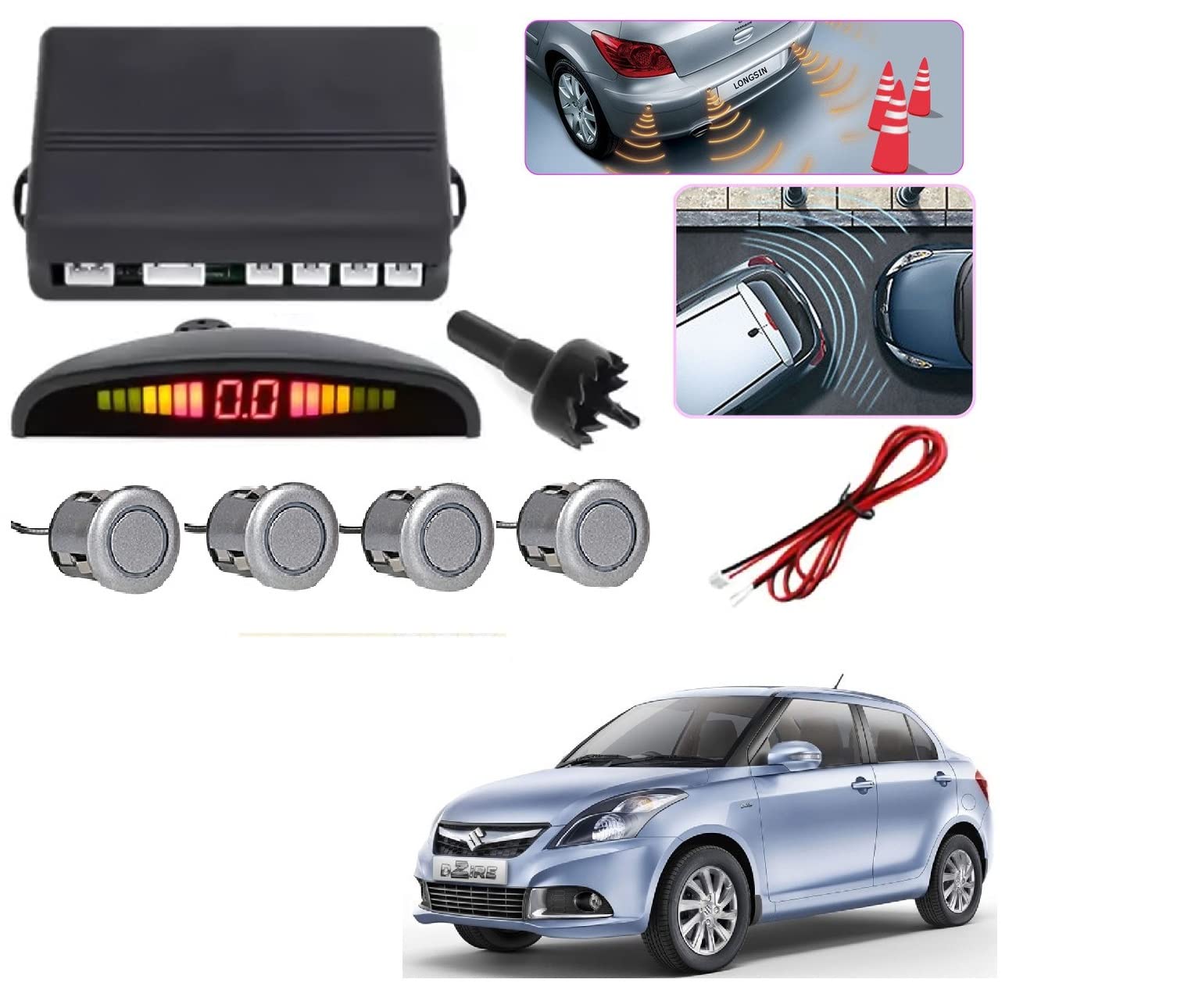 Auto Addict Car Reverse Parking Sensor with LED Display 4 Sensor Reverse Parking Auto Radar Detectors (Silver) for Maruti Suzuki Swift Dzire Type-2 (2011-2017)-picture-38