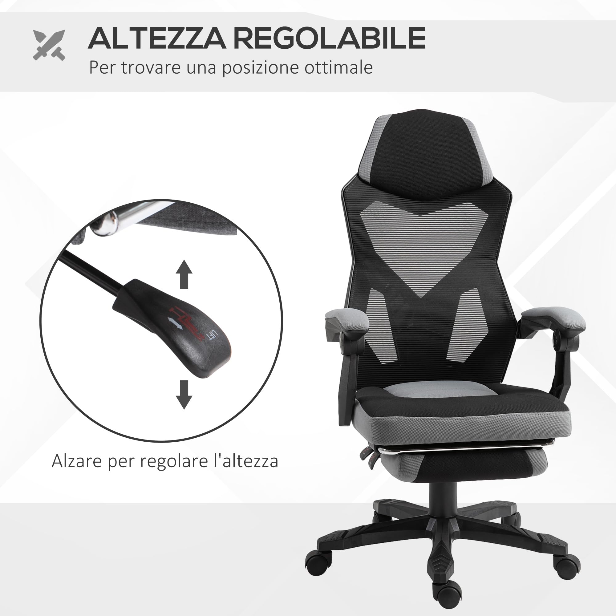 Vinsetto Sedia da Ufficio Ergonomica con Poggiapiedi Retrattile Grigio | Schienale Alto, Sedia da Scrivania Girevole Reclinabile, Supporto Lombare, Altezza Regolabile, Tessuto a Rete