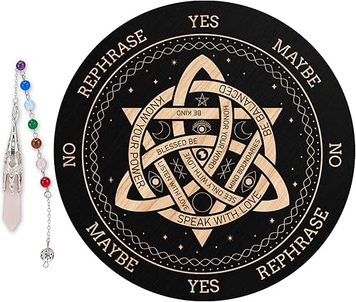 ORIGACH Tablero de péndulo de nudo de 7.9 pulgadas, tablero de adivinación de brujería de madera con péndulo de radiestesia de cristal para