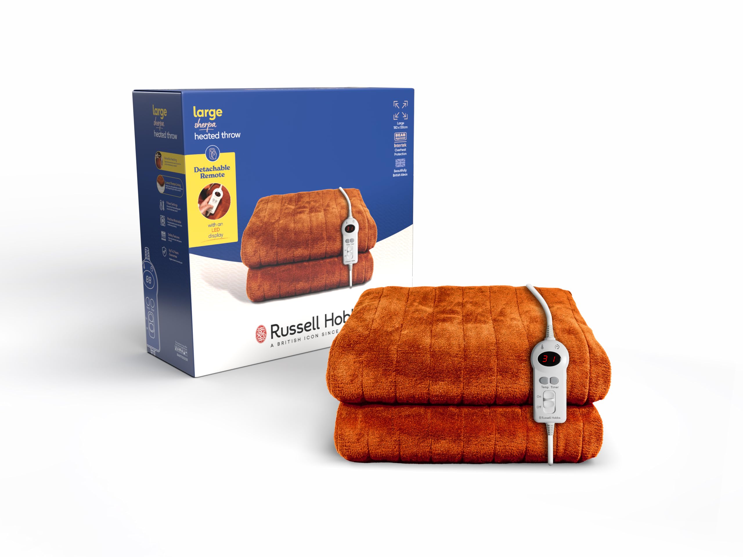 Russell Hobbs Electric Blanket Orange Heated Throw Sherpa & Microfleece 130 x 180 cm with ...