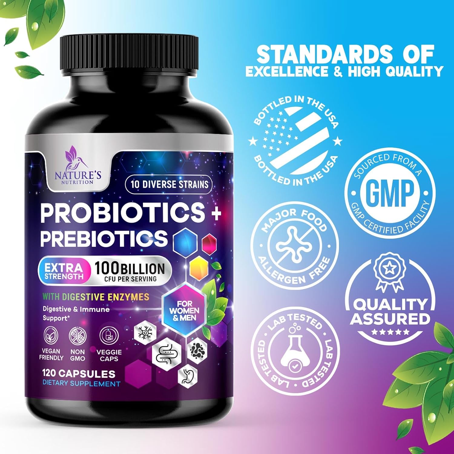 Probiotics 100 Billion CFU Per Serving - 10 Premium Strains + Prebiotics - Best Probiotic Supplement for Women & Men - Supports Immune, Digestive Health, Occasional Constipation & Gas - 120 Capsules