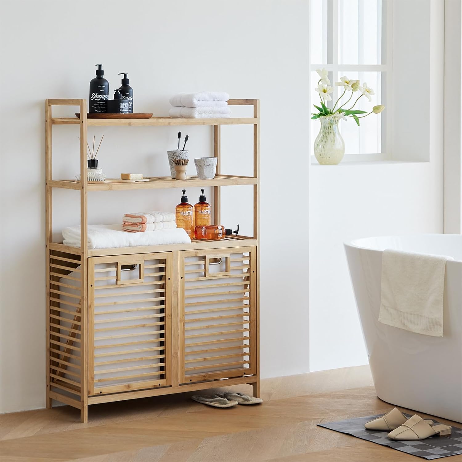 Double Tilt Out Laundry Hamper, Bamboo Hamper with 2 Removable Bags, Pull Out Laundry Hamper Cabinet, Bathroom Storage Shelf for Laundry Room, Living Room, Bedroom (Double Hamper - 3 Tiers)