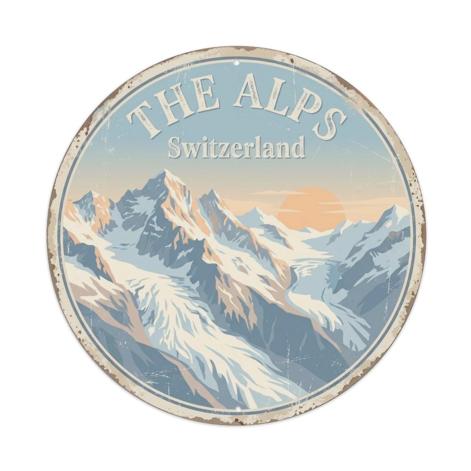 Vintage Travel Alps Switzerland Mountain Metal Tin Sign Plaque Wall Decor for Cafe, Club Bar, Office, Home Garden Round Metal Poster 8x8Inch