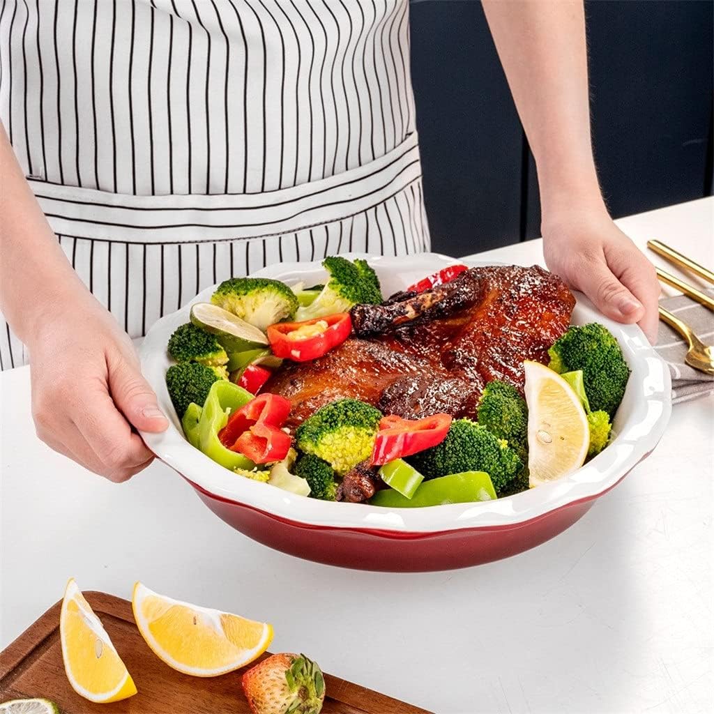 1- Piece 1100ML Crinkle Rim Porcelain Roasting Pan Baking Dish Plate for Pancake BBQ Pizza Fruit Pie Quiche Tarts