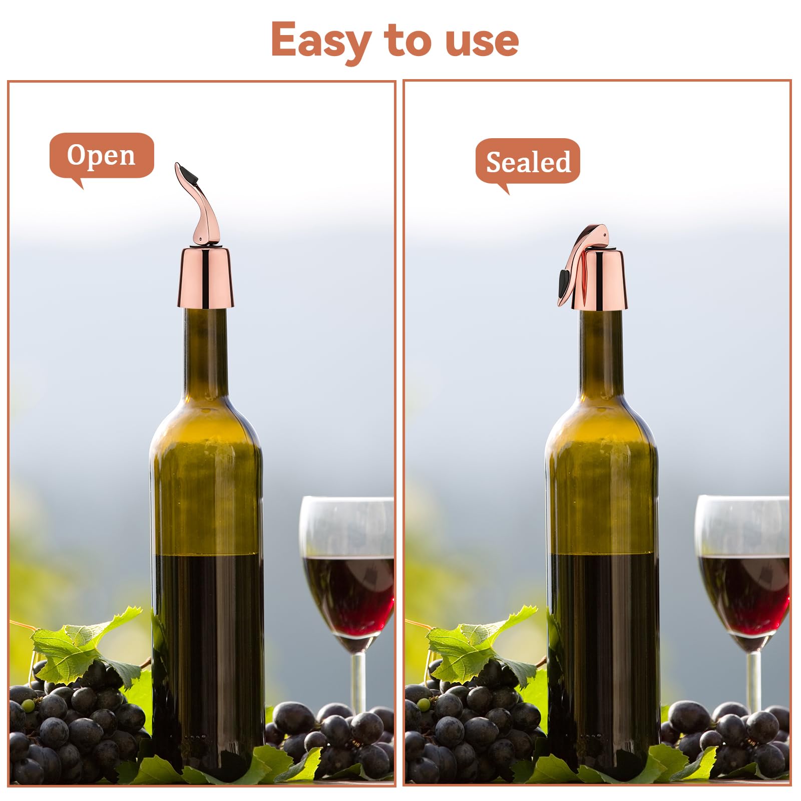 3 Tappi Per Bottiglie Vino In Acciaio Inox Oro Rosa - Tappo Ermetico Riutilizzabile Per Conservare Il Vino Fresco