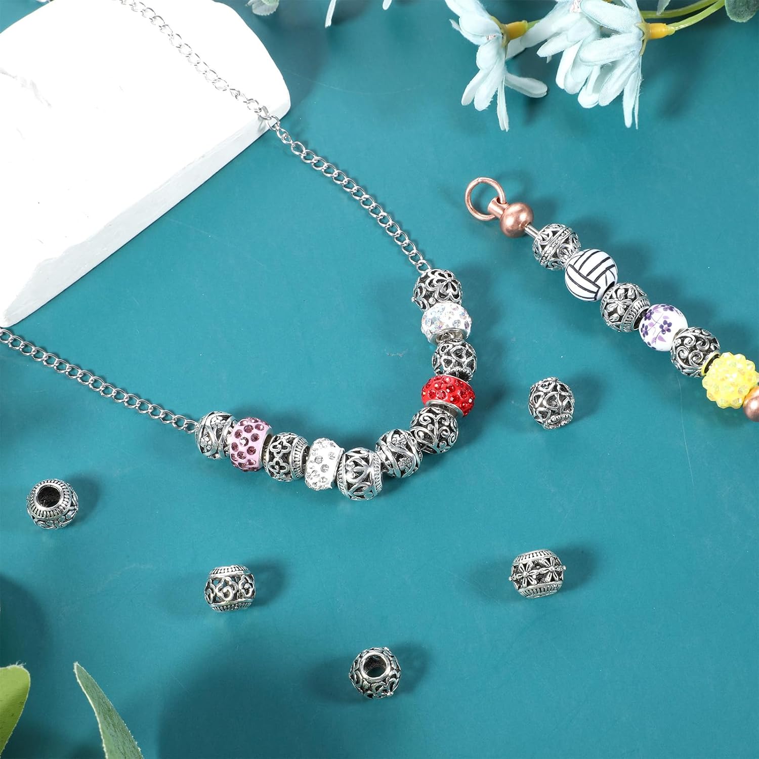 40 PCS Silver Spacer Beads for Jewelry Making, Alloy Metal Spacers Charms Bead Large Decorative Jewelry Making Beads with 4.5mm Hole for DIY Bracelet Necklace Crafts - Image 2