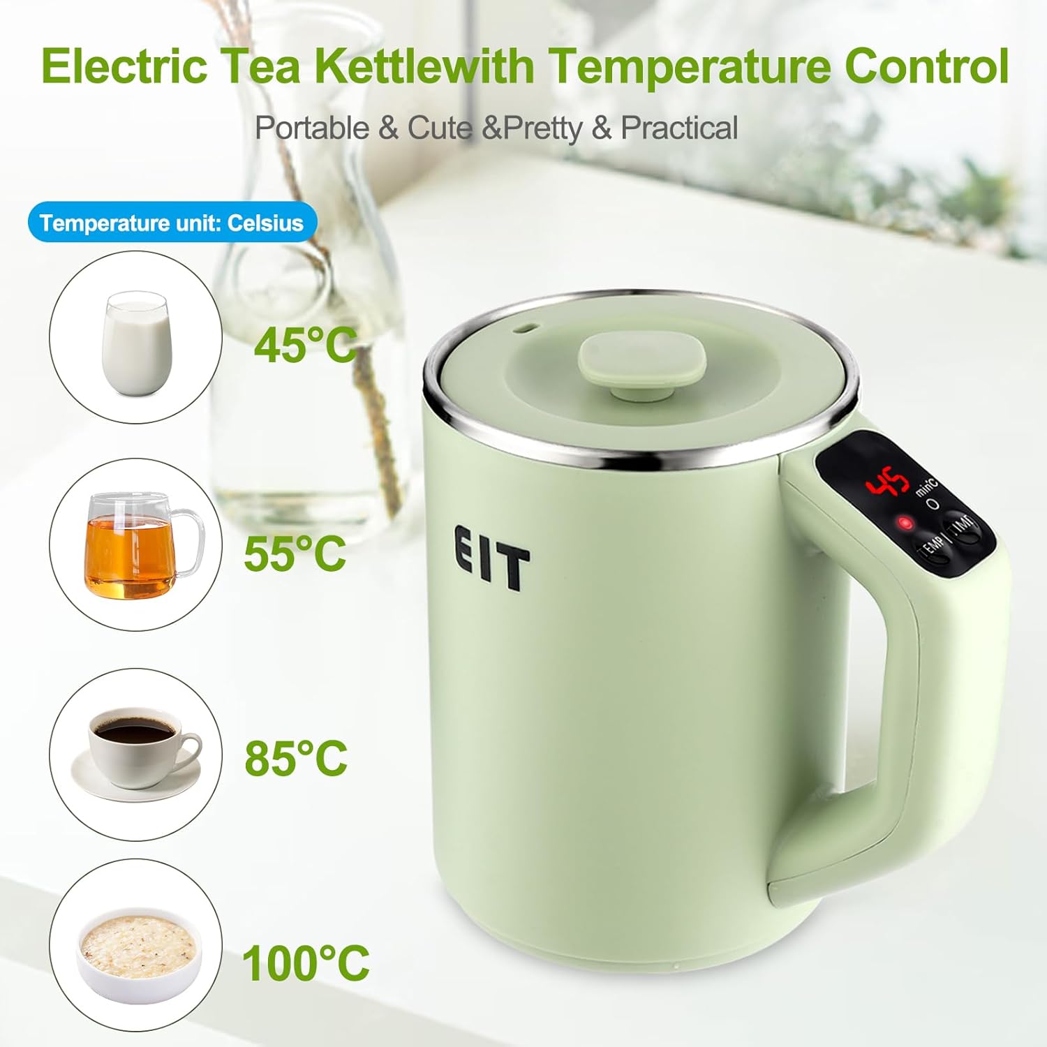 Electric Kettle Small 0.8L(110 Volt), Temperature Control, 304 Stainless Steel, Auto Shut-Off, For Travel, Time Control, For Cooking Oatmeal