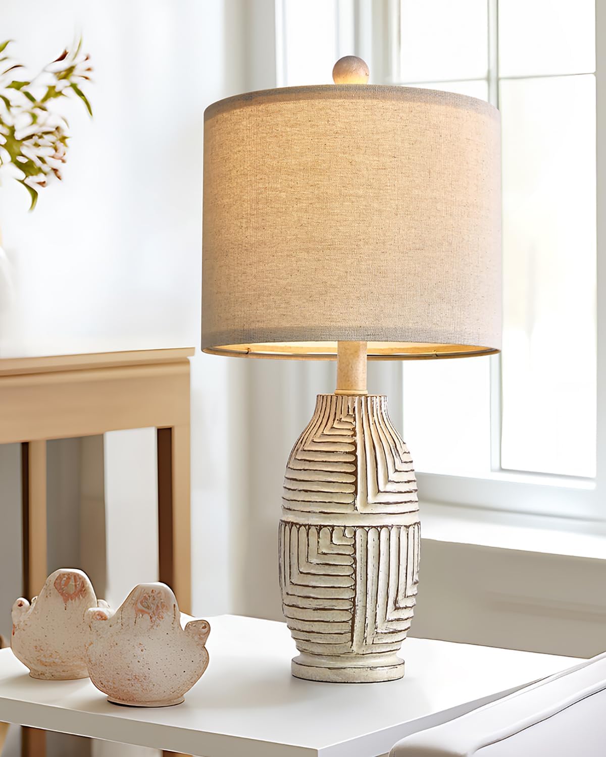 20.25 Farmhouse Single Resin Lamp for Bedroom Living Room Retro Rustic Vintage Small Boho Lamps Bedside Nightstand Light Home Office Desk Deco (White)