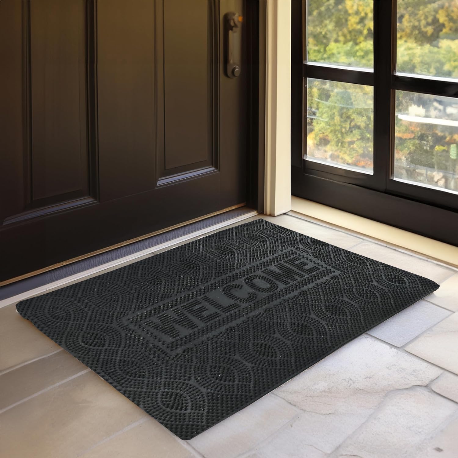IVAZA PVC (Polyvinyl Chloride) Floor Mat (Black, Medium) Antislip Rubber Rectangular Welcome Door Mat for Home & Office