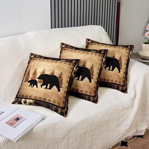 Bear Throw Pillow Covers 18"X18" Set Of 2 Soft Wild Animal Cushion Covers For For Couch Sofa Rustic Cabin Country Nature Wildlife Bear Tree Yellow Brown Decorative Pillowcases Outdoor Pillows Covers #TOP3