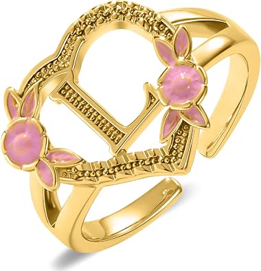 Gold Initial Rings for Women - Non Tarnish Dainty 14K Gold Plated Heart Adjustable Letter Rings for Women, Stackable Cute Thumb Pinky Fashion Open Simple Birthday Gifts Jewelry