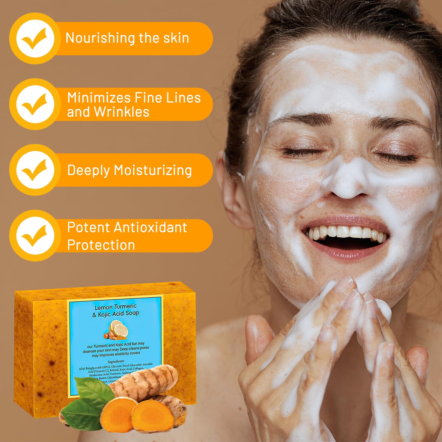 Lemon Turmeric Kojic Soap - Turmeric Soap Bar for Face and Body, Natural Handmade Soaps Bar for All Skin Types, Daily Use Skin Care Deep Cleansing Moisturizing (2pcs) - Image 2