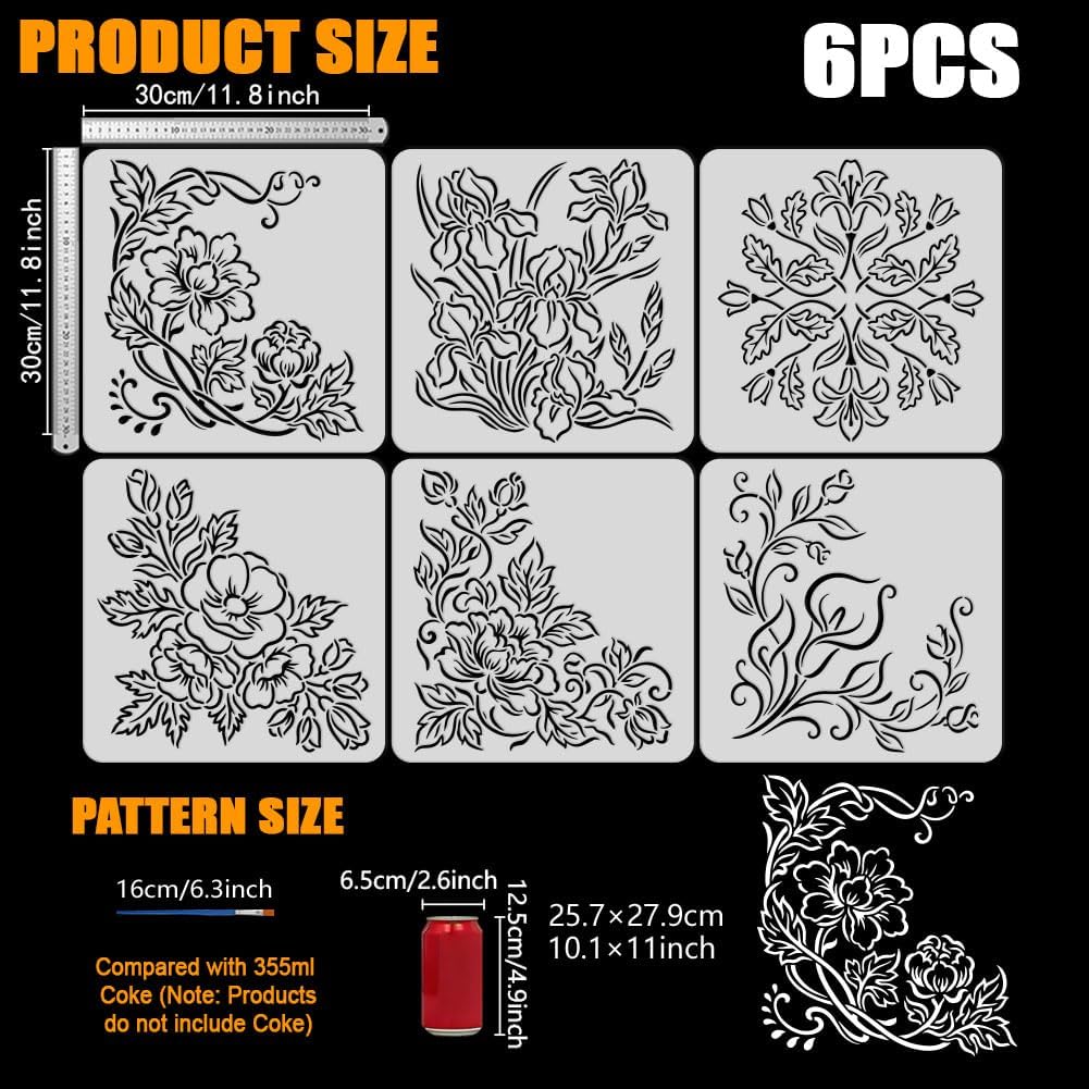 FINGERINSPIRE 6 Pcs Flower Corners Painting Stencils with Paintbrush 11.8x11.8 inch Reusable Lily Flower Stencil Vintage Rose Corner Stencil for Painting on Wood Canvas Paper Fabric Floor DIY Craft