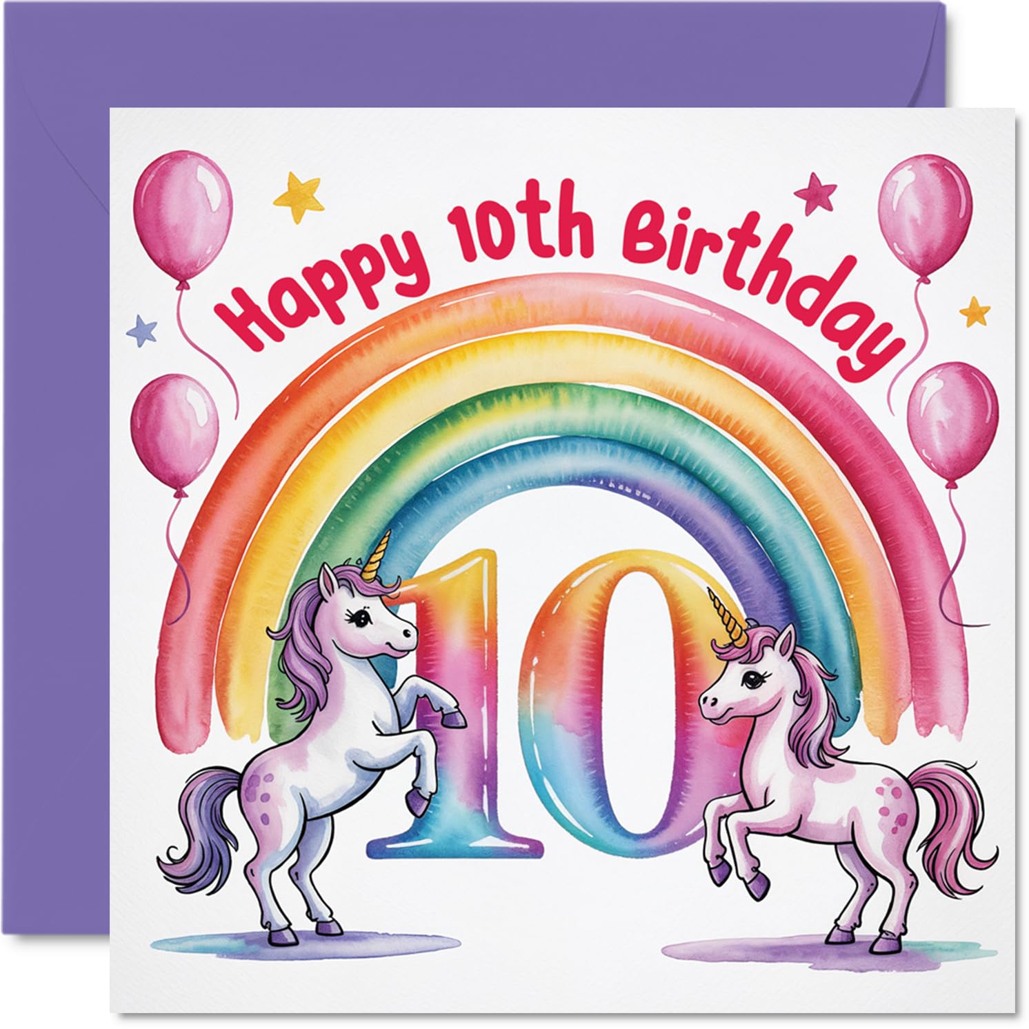 Playful 10th Birthday Card - Bursting with Unicorn Magic - Rainbow, Balloons and Cheerful Pinks and Purples - A Joyful 10th Celebration - 145mm Square, Envelope Included